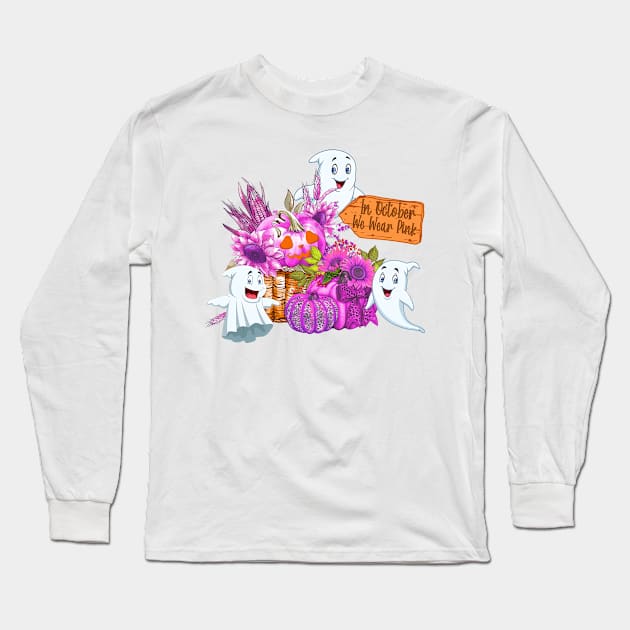 In October We Wear Pink Pumpkin, Ghost and Flower Long Sleeve T-Shirt by ruffianlouse